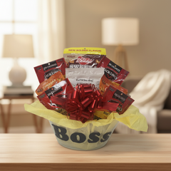 Boss Gift Basket in a cozy indoor living room setting