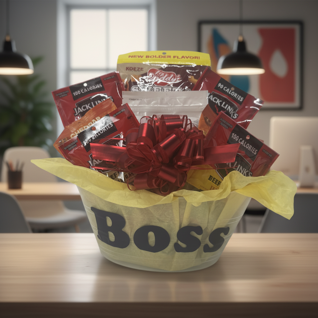 Boss Gift Basket on an office counter with professional background