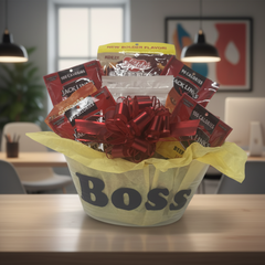 Boss Gift Basket on an office counter with professional background
